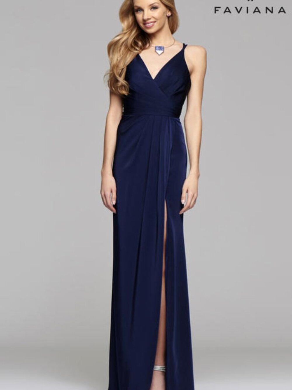 Faviana Navy V-Neck Ruched Open Back High Slit Gown
